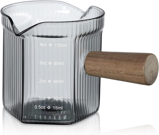 Joeyan 4 oz Grey Double Spouts Measuring Triple Pitcher Milk Cup with Wood Handle,Ribbed High Borosilicate Glass Measuring