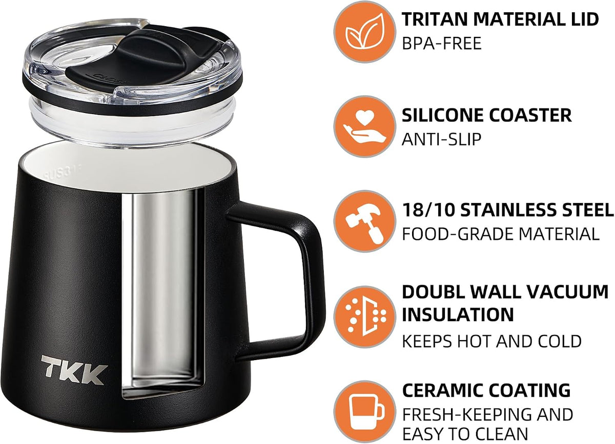 TKK 12 oz Insulated Coffee Mug with Handle Ceramic Coating Detachable Slider Lid Stainless Steel Tumbler Double Wall Vacuum Travel Cup