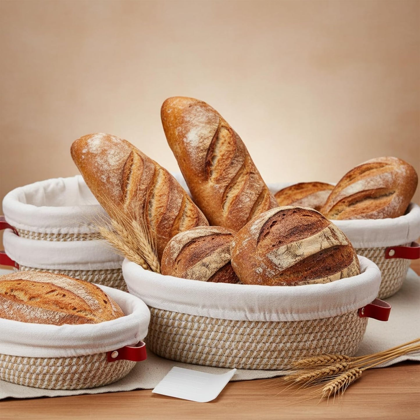 Gejoy 6 Set Cotton Rope Banneton Bread Proofing Basket with Cloth Liner and Plastic Scraper Banneton Dough Sourdough Proofing Bowls Kit for Home Sourdough Bakers (Round, Oval, 9'', 10'')