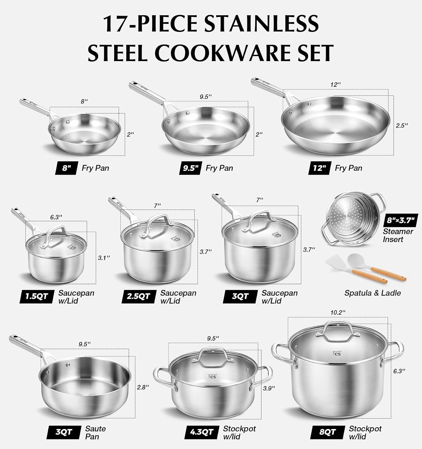 KOCH SYSTEME CS Stainless Steel Cookware Set 17 Piece with 5 Layer Base, Professional 18/10 Stainless Steel Pots and Pan
