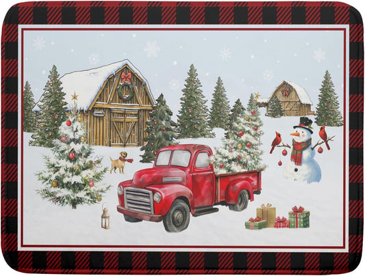 Giwawa Christmas Truck Dish Drying Mat 18x24 inch Large Winter Snowman Xmas Trees Snow Farm Dish Drainer Mats Red Black
