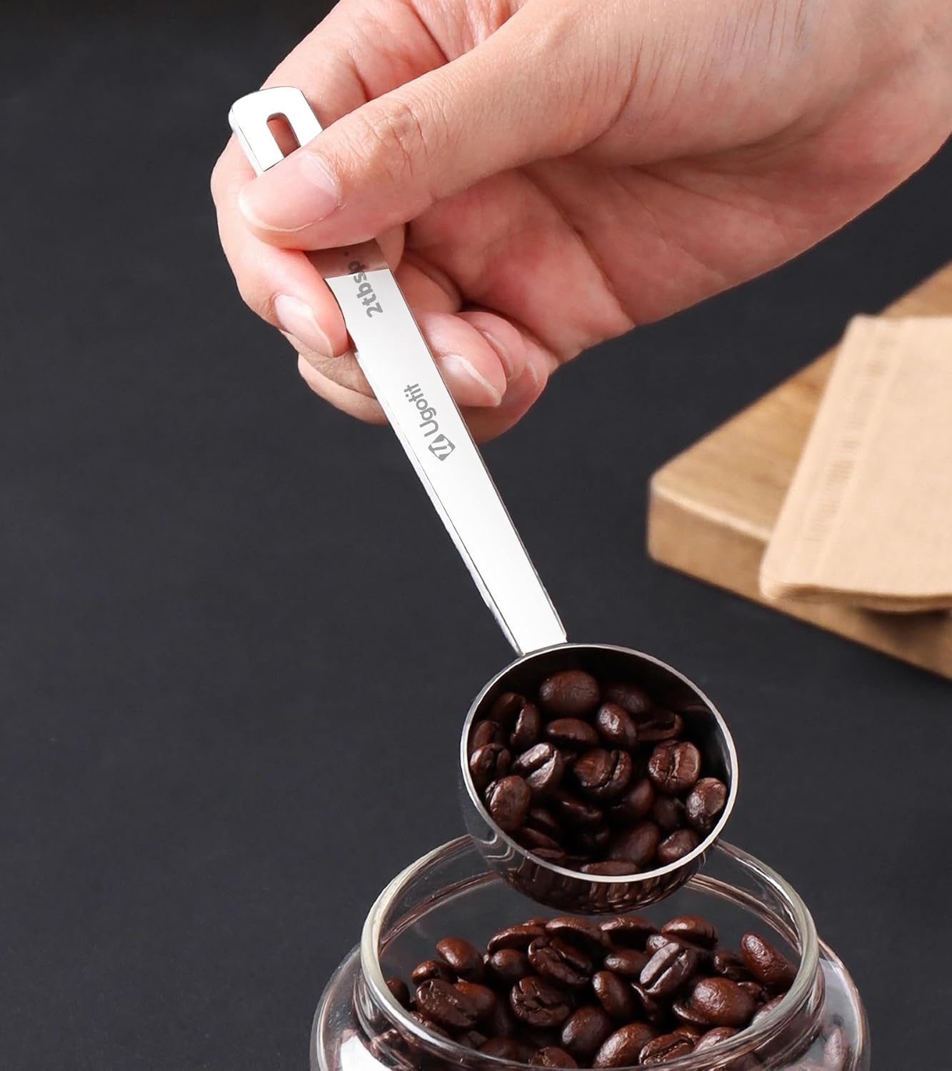 Coffee Scoop 1 Tablespoon, Long Handle Measuring Spoons Set for Coffee, Tea, Flour, Spices - 304 Stainless Steel with Hanging Hole (Pack of 2)