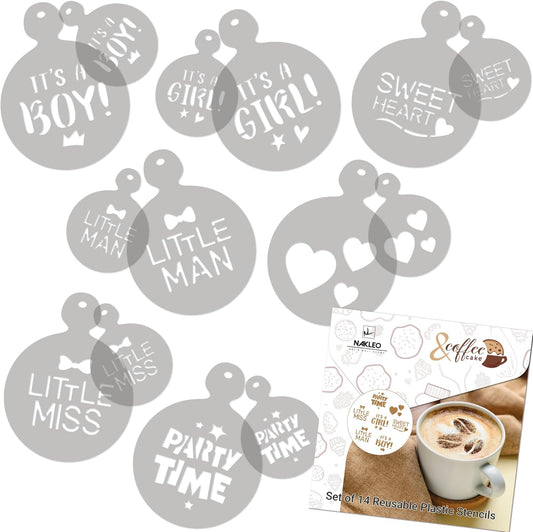 NAKLEO Coffee Stencils and Cookies Decoration 14Pcs 2.8”x2.8” and 4.3”x4.3”, Reusable Plastic Baking Templates, Baby Shower