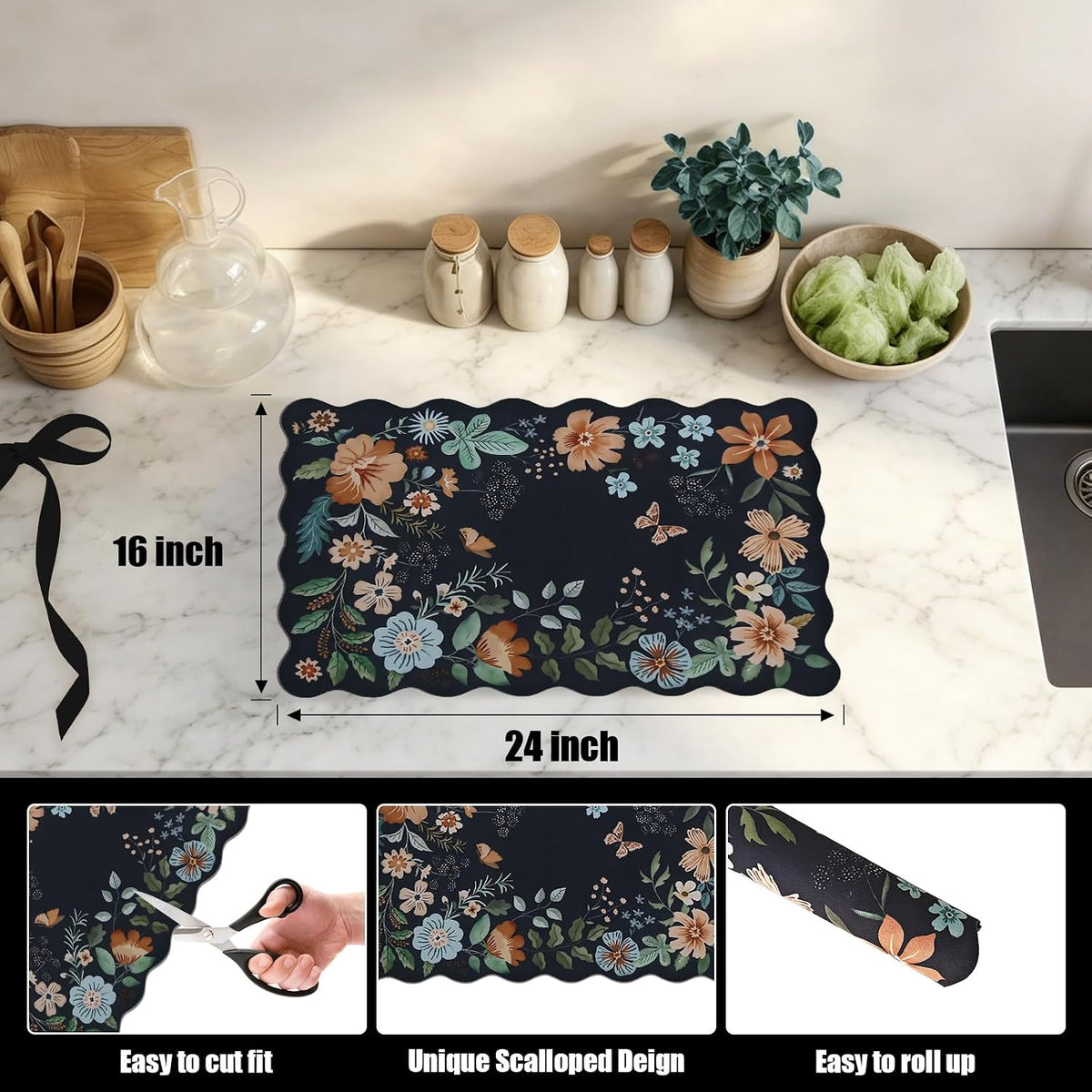 Scalloped Bohemian Coffee Bar Mat Dish Drying Mats for Kitchen Counter, Kitchen Decor,(16"x24", Black)