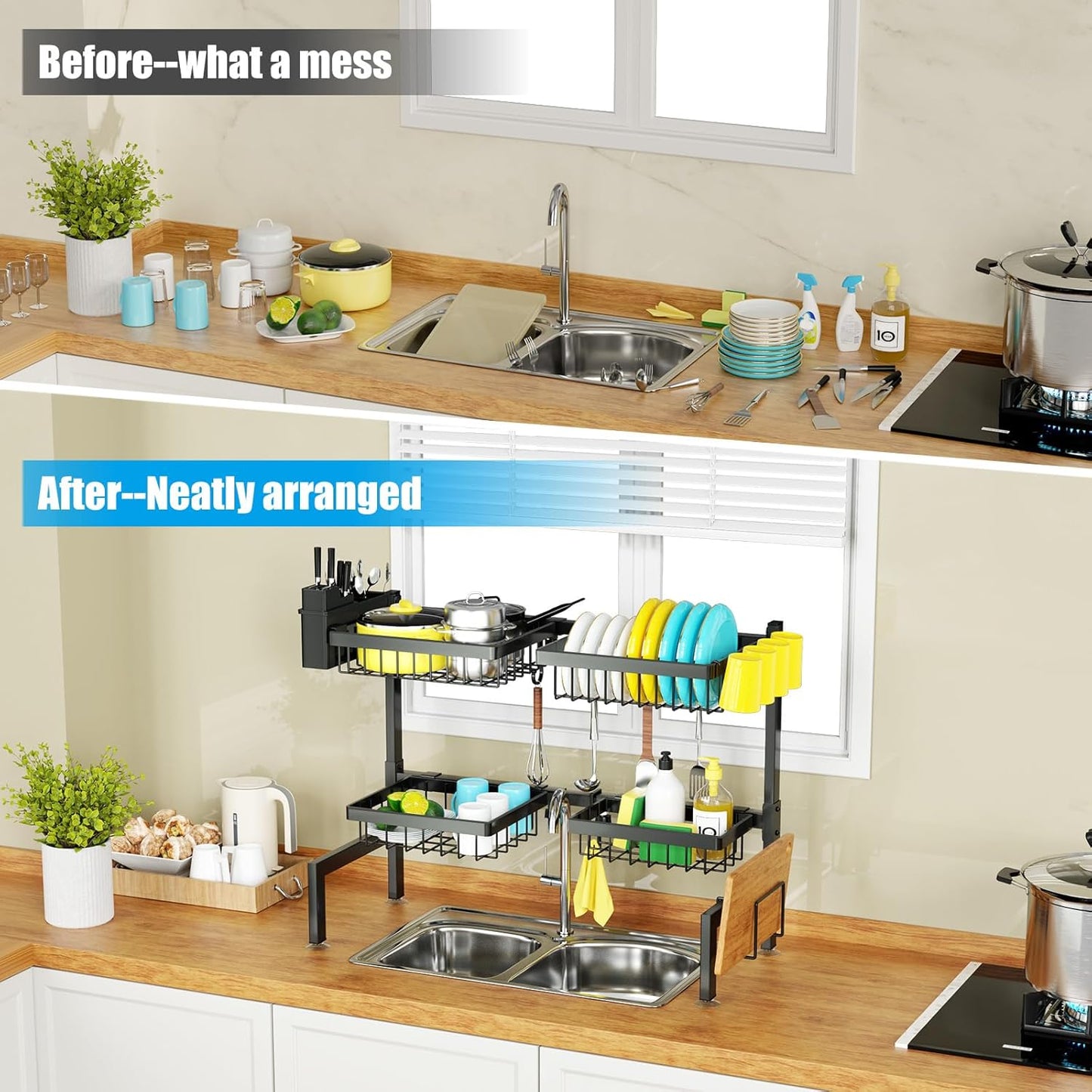 SNSLXH 4 Baskets 2-Tier Over The Sink Dish Drying Rack, 26.57"-35"