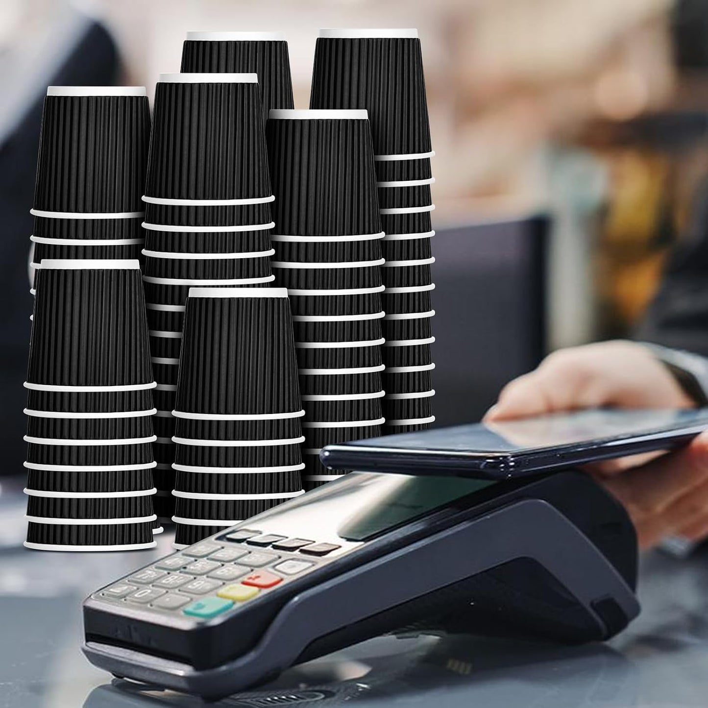 4 oz Disposable Espresso Cups with Lids, 100 Count, Corrugated Ripple Wall | Stackable Storage|Heat-Insulating Grip | To Go Spill-Resistant | Coffee Cups For Hot Drink, Office, Coffee Bar (Black)
