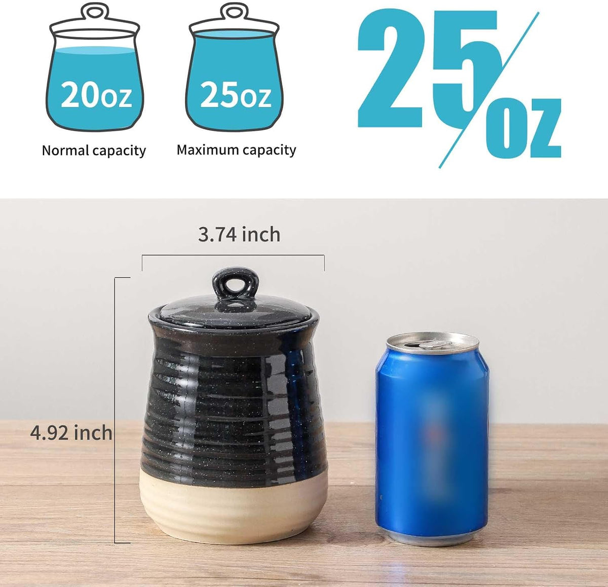 Ceramic Food Storage Jars,25 Oz Porcelain Kitchen Canisters with Airtight Lids Set of 3,Flour Containers for Countertop,Farmhouse Decor Serving Ground Coffee,Tea,Sugar,Pasta and Rice,Black＆White