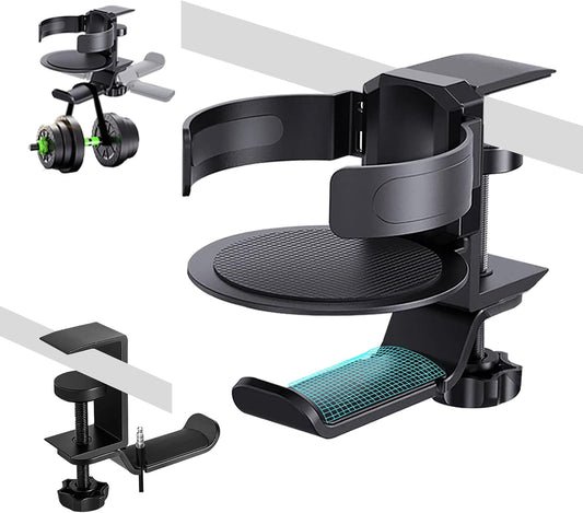 HeavyRain Aluminum Under Desk Cup Holder with Headphone Hook & Cable Clip