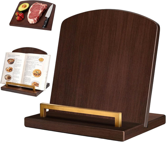 Beautiful Cookbook Stand with Removable Cutting Board,2 in 1 Bamboo Recipe Book Holder,Charcuterie Board & Kitchen Serving