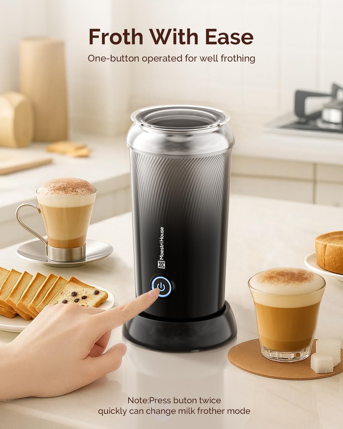 Maestri House Milk Frother, 3-in-1 Hot & Cold Mik Frothing Steamer, 8.12OZ/240ML Touch Control Foam Maker, Compact Space-saving Design for Latte, Cappuccino and Warm Milk