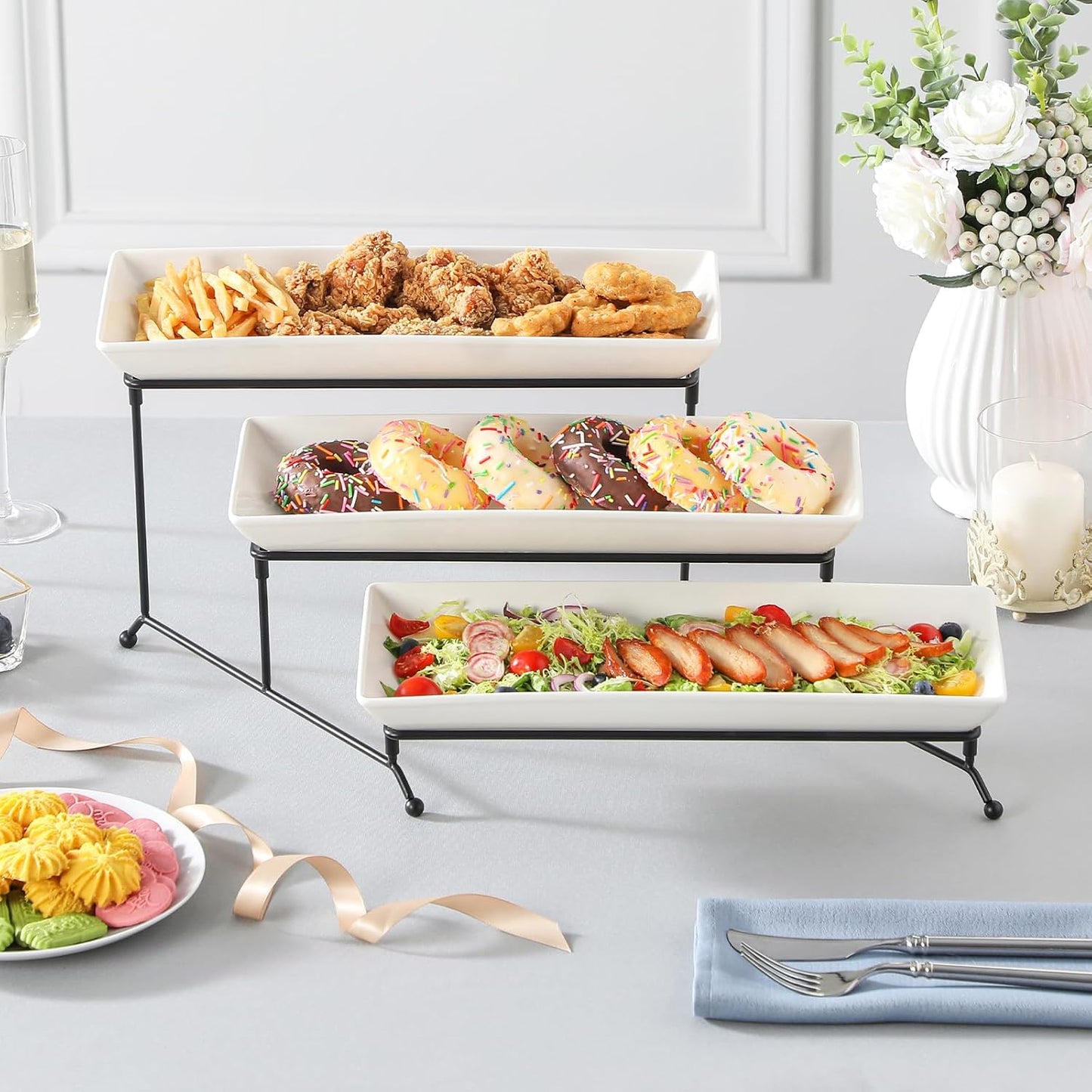MALACASA 3 Tier Serving Trays, White Porcelain Serving Platters, 14 Inch | Tiered Cupcake Stand for Party, Fruit Tray, Trays for Serving Food, Dessert Stand with Collapsible Sturdier Metal Rack