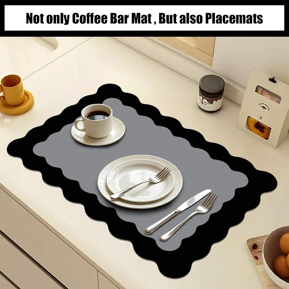 Black Scalloped Coffee Mat for Countertop Coffee Bar Mat Matt | Diatomite Absorbent Non-Slip Rubber Backing Coffee Staion Mats for Kitchen Counter, Kitchen Aesthetic Decor (12"x19", Black)