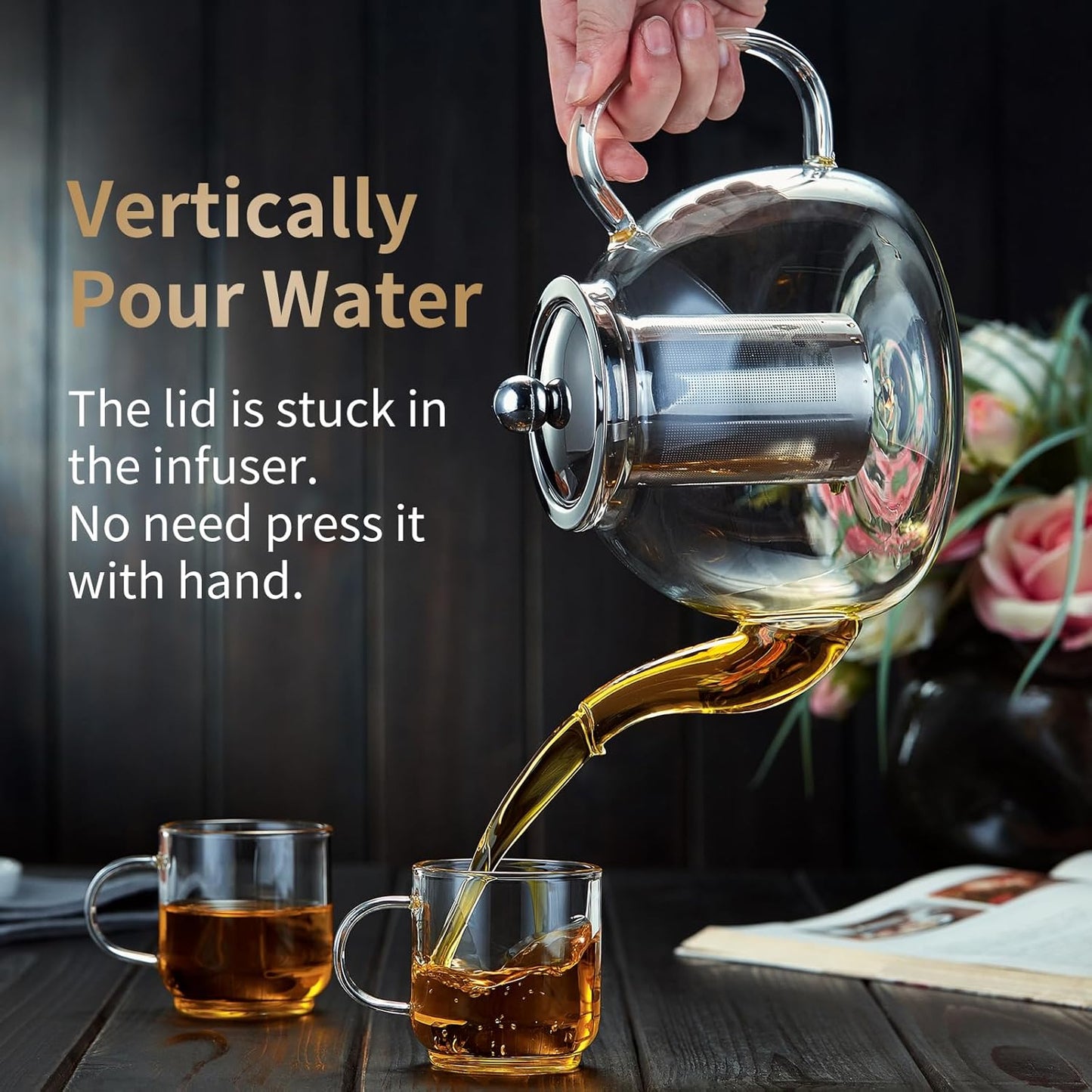 DOPUDO Glass Teapot with Infuser, 40 oz Borosilicate Tea Kettle | Clear borosilicate glass with removable 18/8 steel infuser for stovetop brewing of loose-leaf, herbal, and blooming tea.