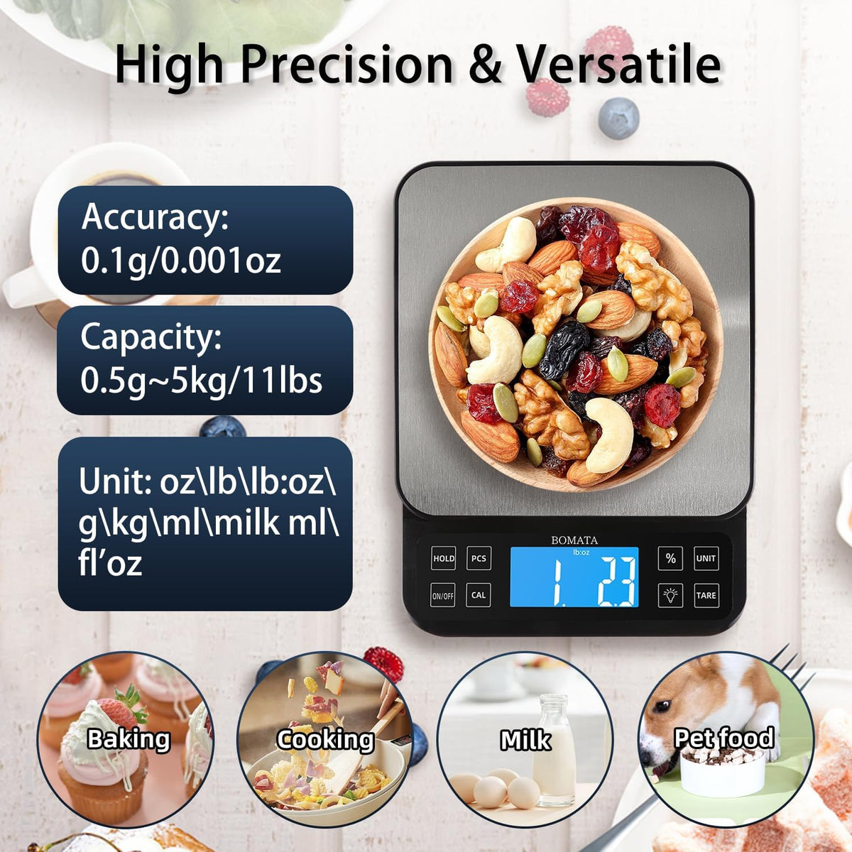 BOMATA Large Kitchen Scale 0.1g/0.001oz High Precision, 11lb Bakery Scale | % Percentage Function, USB Rechargeable, Full-View Angle LCD with Backlight, Stainless Steel Pan