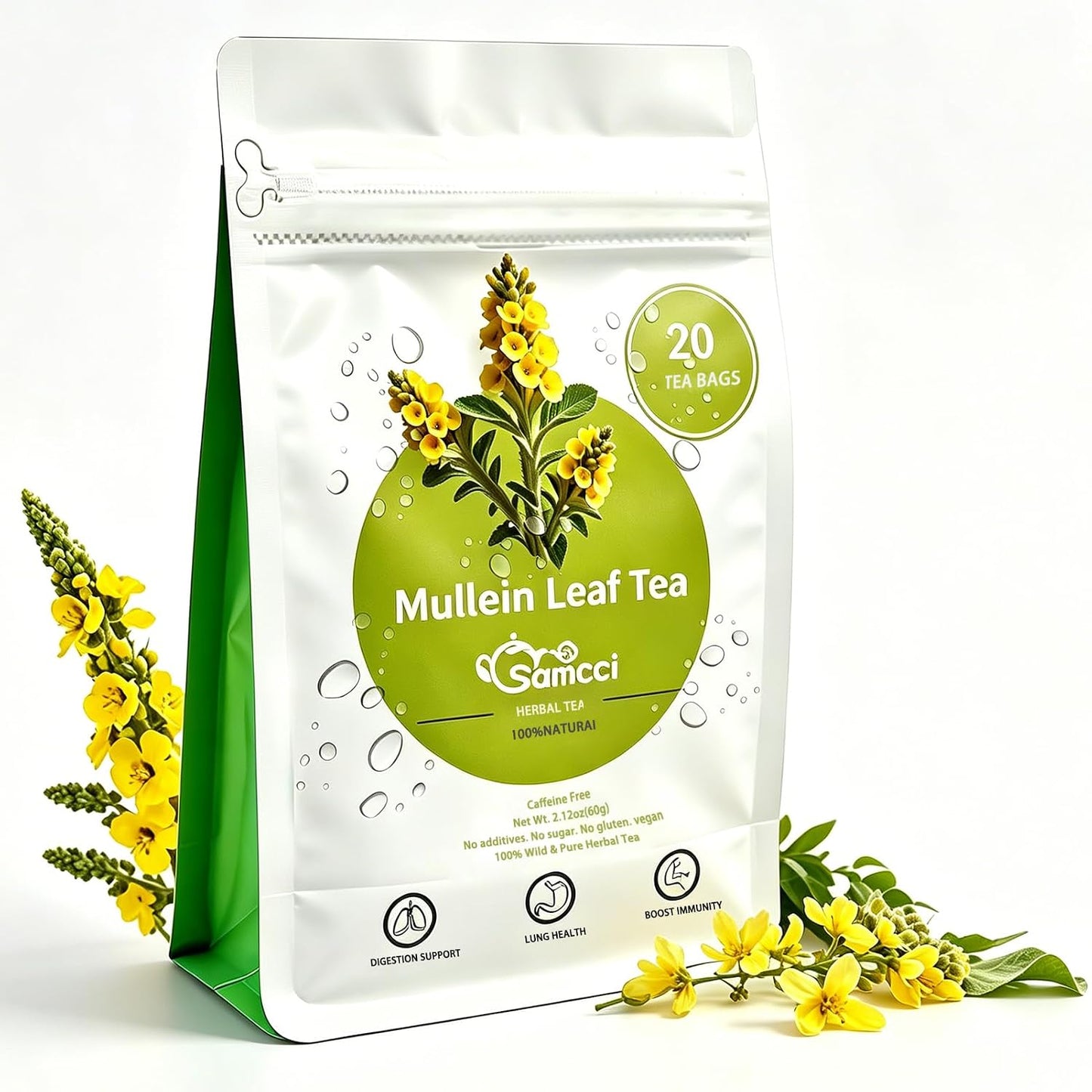 Samcci Mullein Leaf Tea Bags, 3g x 20 Count - Herbal Tea for Lungs | Original Compression Tech, 100% Pure Mullein Tea for Respiratory Support, Natural, Non-GMO, Caffeine &amp; Additives Free