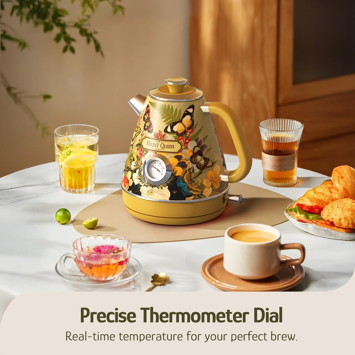 Hazel Quinn X Eduardo Recife Retro Electric Kettle with Thermometer, Floral | 1200W Fast Water Boiling, 1.7L/57oz, All 304 Stainless Steel Interior, BPA-Free, Auto Shut-Off, Cordless Retro Teapot, Home