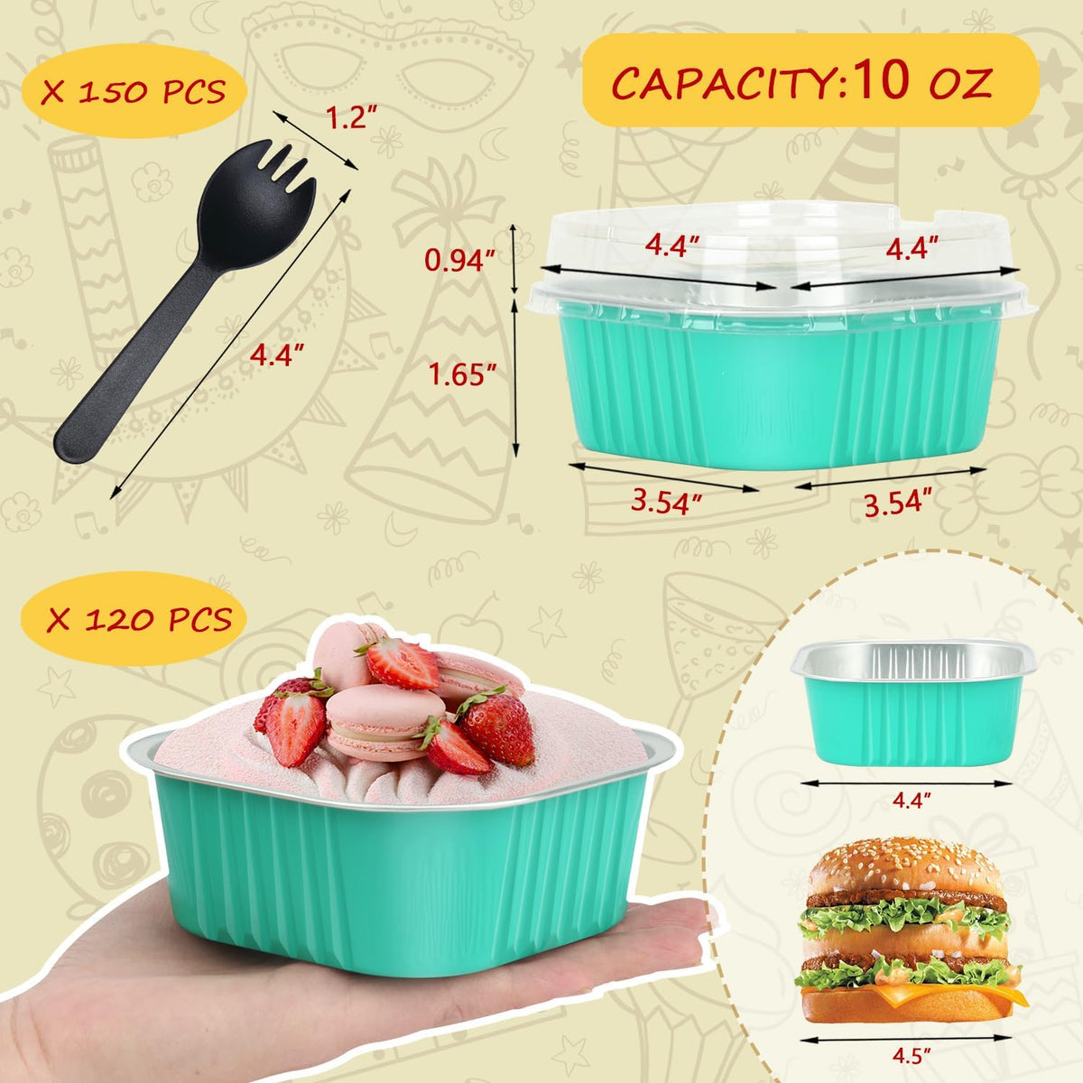 LNYZQUS 120 Pack 10oz Mini Cake Pans with Lids and Spoons for Bake Sales | Disposable, 4x4 Square Baking Tins, Individual Cinnamon Roll Containers, Small Foil Dessert Cups for Farm Stand, Blue
