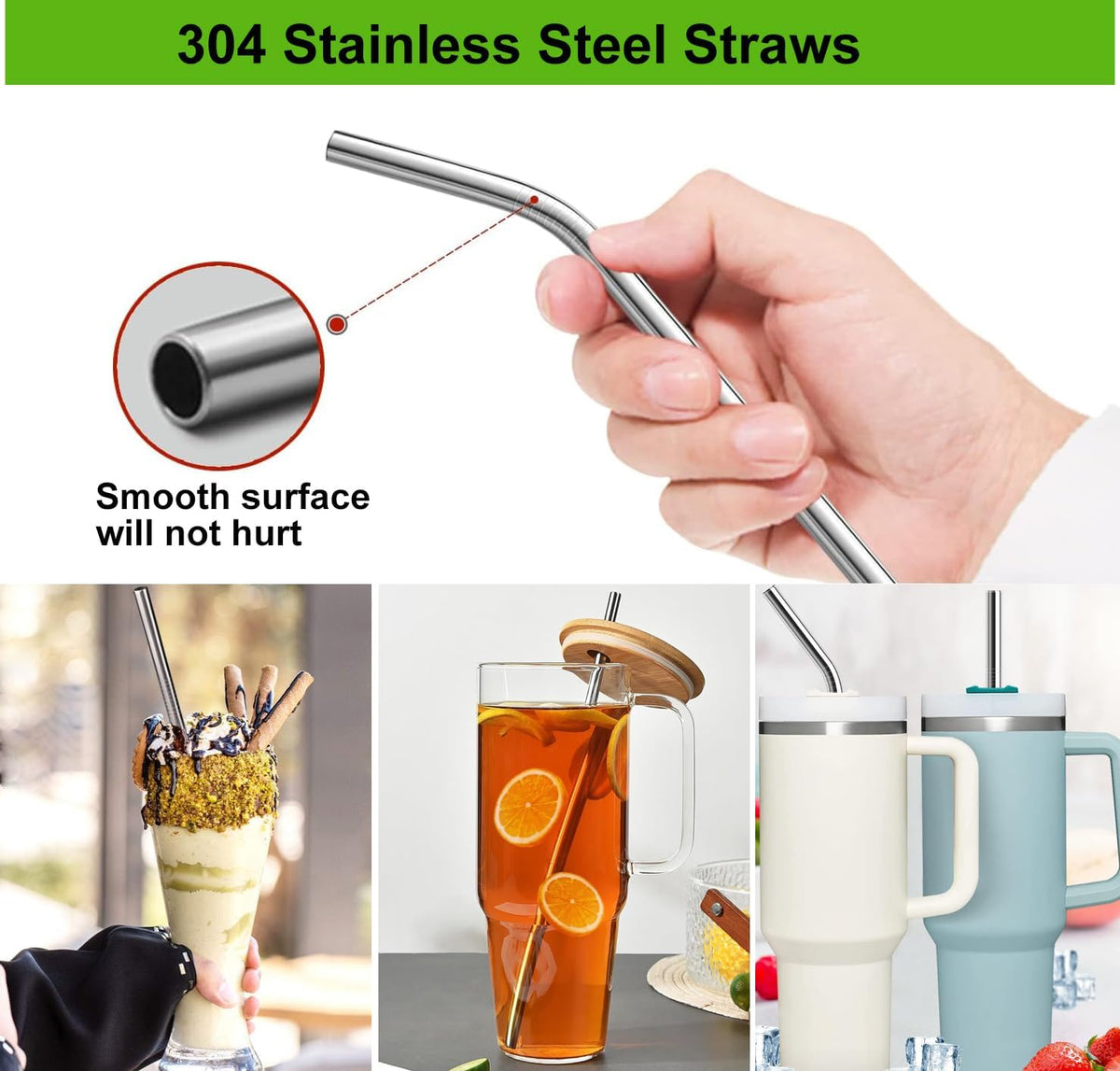 Vinaco 4 Pcs 0.35" Wide Bore Reusable Stainless Steel Metal Smoothie Straws
