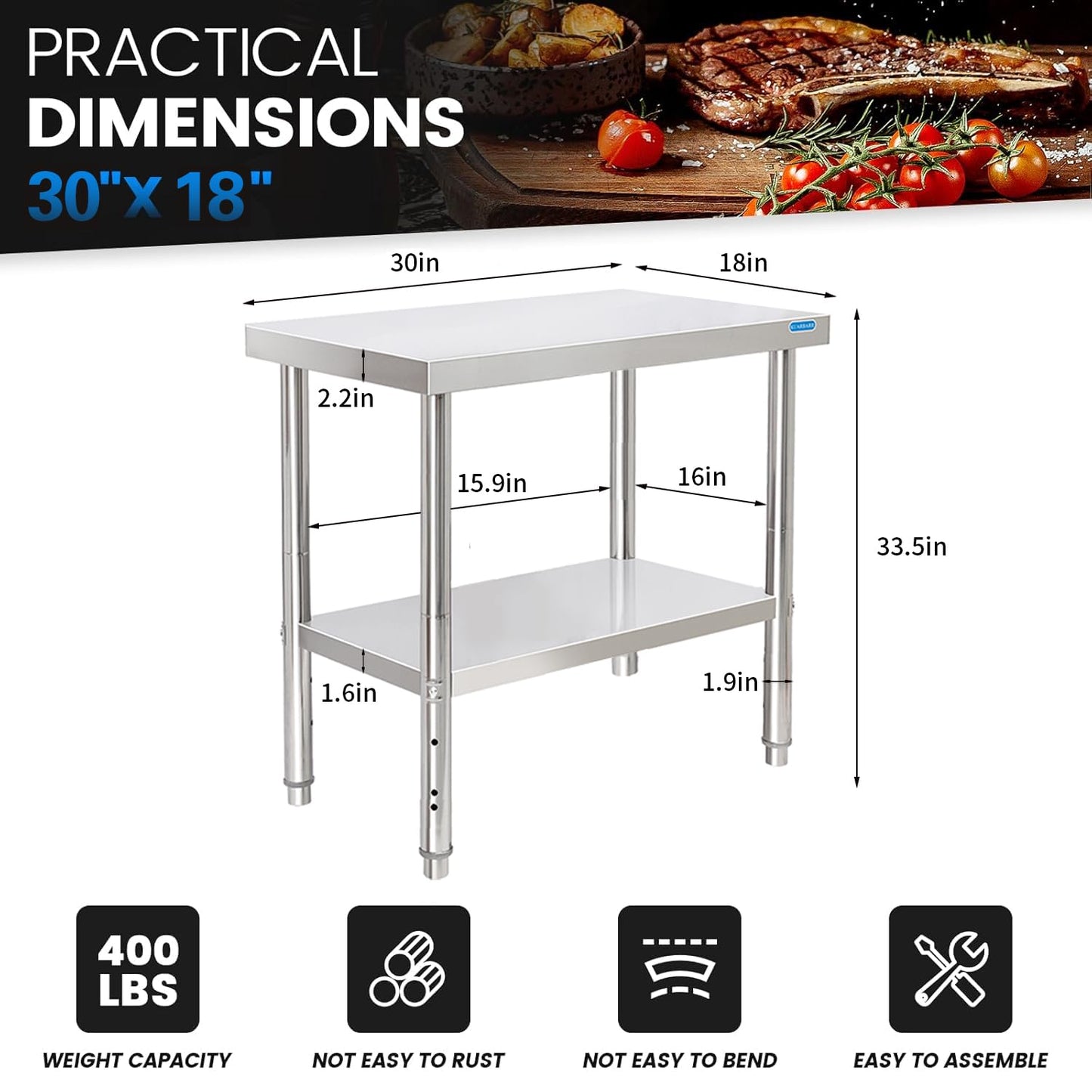 Stainless Steel Table 30 x 18 Inch NSF Commercial Stainless Steel Prep Table Metal End Table for Restaurant Kitchen Garage