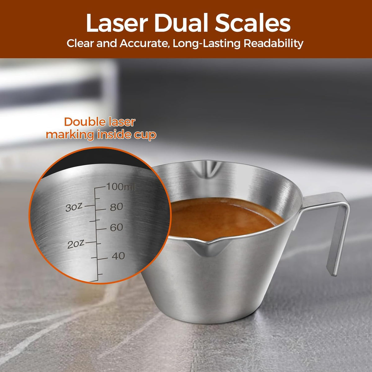 2 Pcs Espresso Cups with Handle, Stainless Steel, Double Spout Metal Measuring Cup with Dual Scale, Espresso Shot Cup with V-Shaped Mouth, 3.4oz/100ml(Silver)