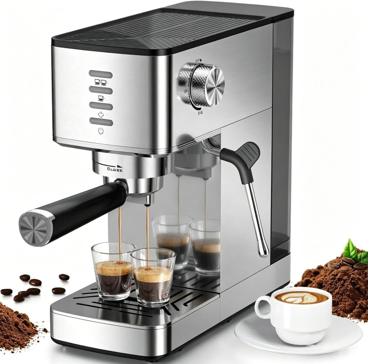 Electactic CM8032SH Essential Stainless Steel Espresso Machine with Steam Wand, Powerful 20-Bar Italian Pump, 37oz Removable Water Tank, Compact Espresso Maker for Home Baristas, Cappuccino &amp; Latte