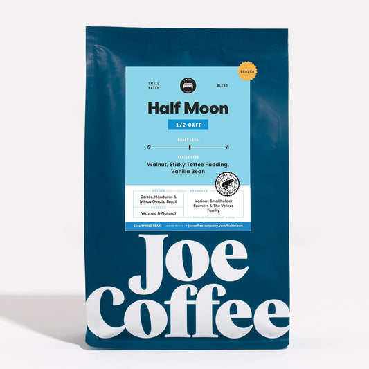 Joe Coffee Company (NYC Roaster), Half Moon Half Caffeinated Ground Specialty Coffee, 12 oz Bag, Rainforest Alliance