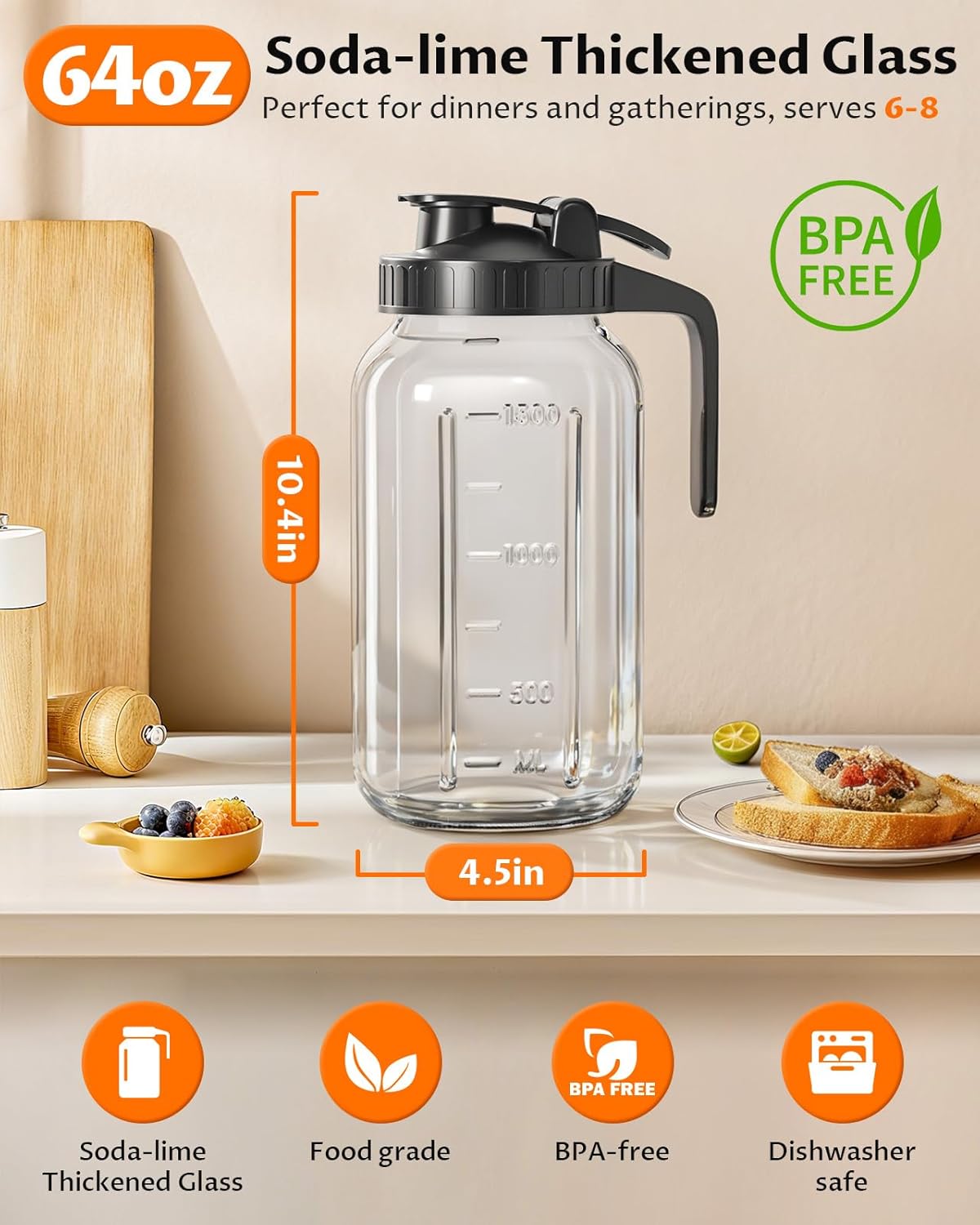 64oz Mason Jar Pitcher, Glass Pitcher with Lid for Tea &amp; Cold Brew | Mason Jar, BPA Free, Leakproof, Fridge/ Dishwasher safe, Ergonomic handle, Flip-cap pour spout, Wide mouth, Versatile