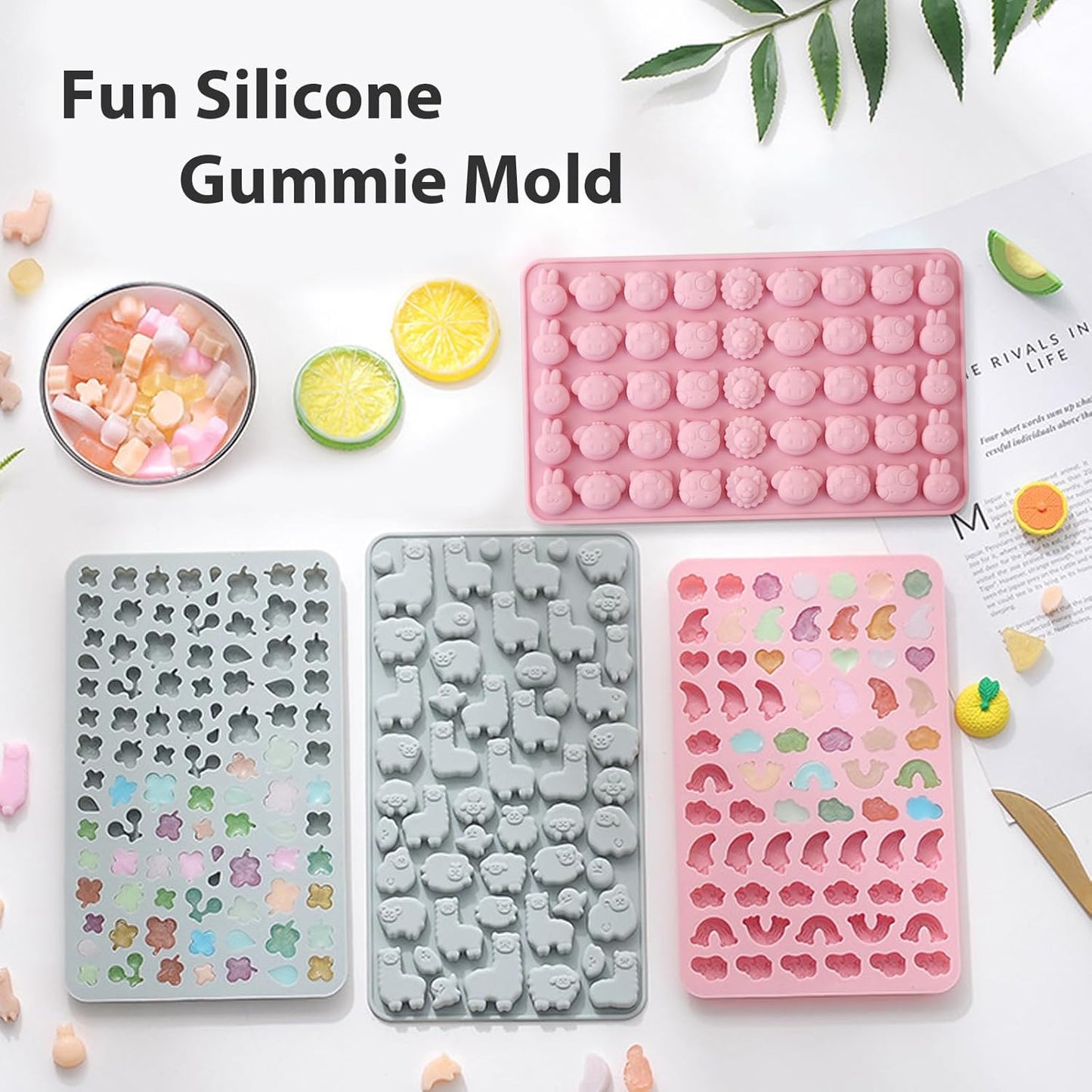 Animals & Flowers Silicone Candy molds, Non-Stick Gummy Bear Chocolate Gelatin Tray with 2 Droppers Creates 260 Alpaca, Clover, Animals