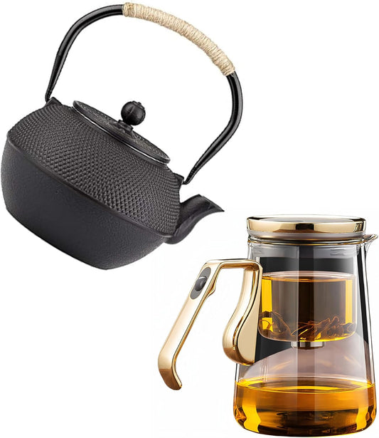 YJX 25.4oz Magnetic Glass Teapot Set with 40.6oz Cast Iron Tea Kettle for Stovetop, Small Enchanted Brewing Tea Pot,