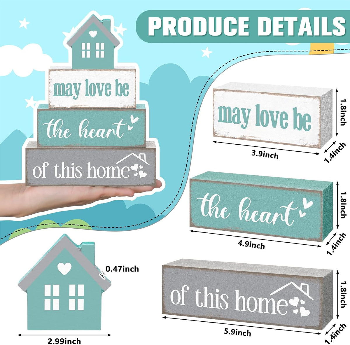 Cinnvoice 4 Pcs Farmhouse Table Decoration Rustic Sign Block,May Love Be | Home Heart Wood Sign, Teal and Grey Tabletop Centerpiece, Farmhouse Decor for Home Indoor Kitchen Shelf Tier Tray Decor