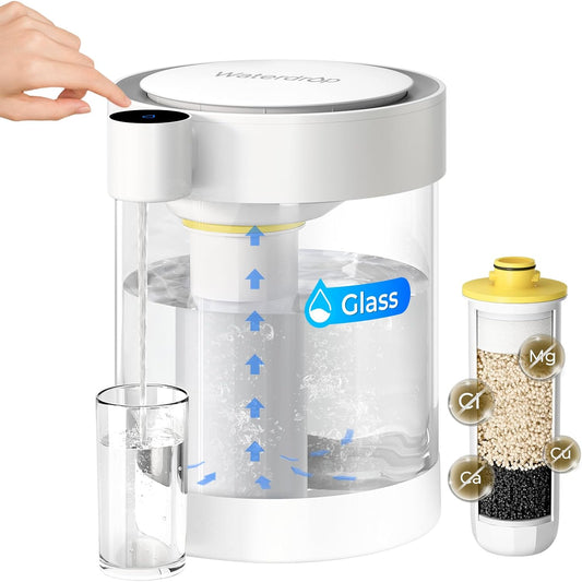 Waterdrop Glass Large 22-Cup Rechargeable Water Filter Dispenser, Reduce 70+ Contaminants, Instant Eco-Friendly Countertop