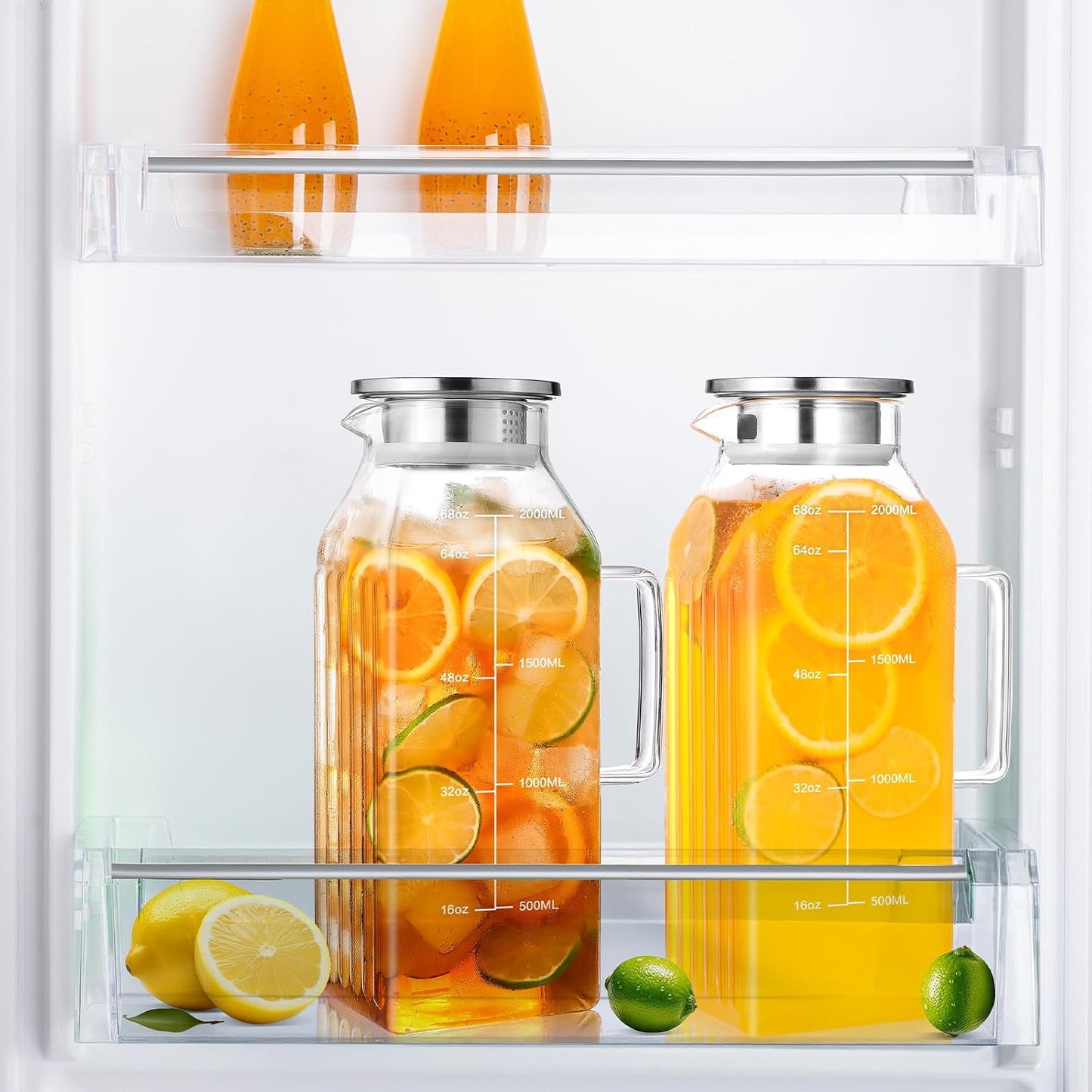 Aofmee 68oz Glass Pitcher with Lid and Handle for Fridge, Clear 2pc | Iced Tea Pitcher for Fridge, Borosilicate Glass Carafe, Sun Tea Jar, Dual Pour Stainless Lid, Dishwasher Safe
