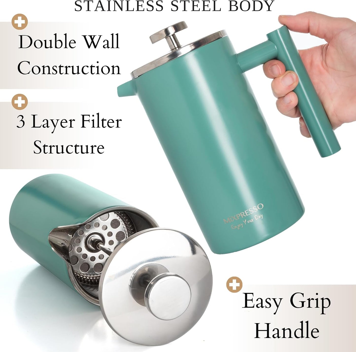 Mixpresso French Press Coffee Maker, 26 Oz Stainless Steel Coffee Press | Double wall insulated stainless steel French Press with durable filter for coffee or loose leaf tea, easy to press and clean