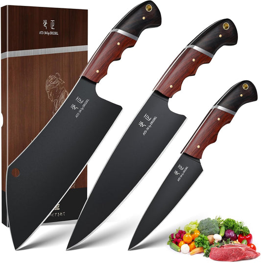 Japanese Chef Knife Set - 3 PCS Kitchen Utility Knife Sets for Cooking, Meat Cleaver Knives Set with Full Tang Wooden