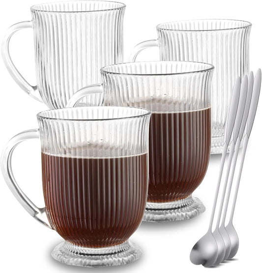 Clear Ribbed Glass Coffee Mugs Set of 4 with Spoon,16 Oz Large Glass Tea Cups with Handle Diner Latte Cups with Footed Base