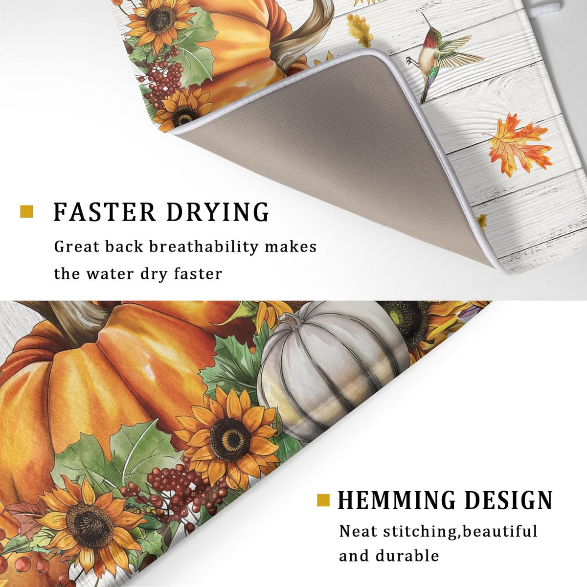 Autumn Harvest Pumpkin Dish Drying Mat for Kitchen Counter Sunflower Maple Leaves Fall Dish Drying Mat 18”x24” Thanksgiving