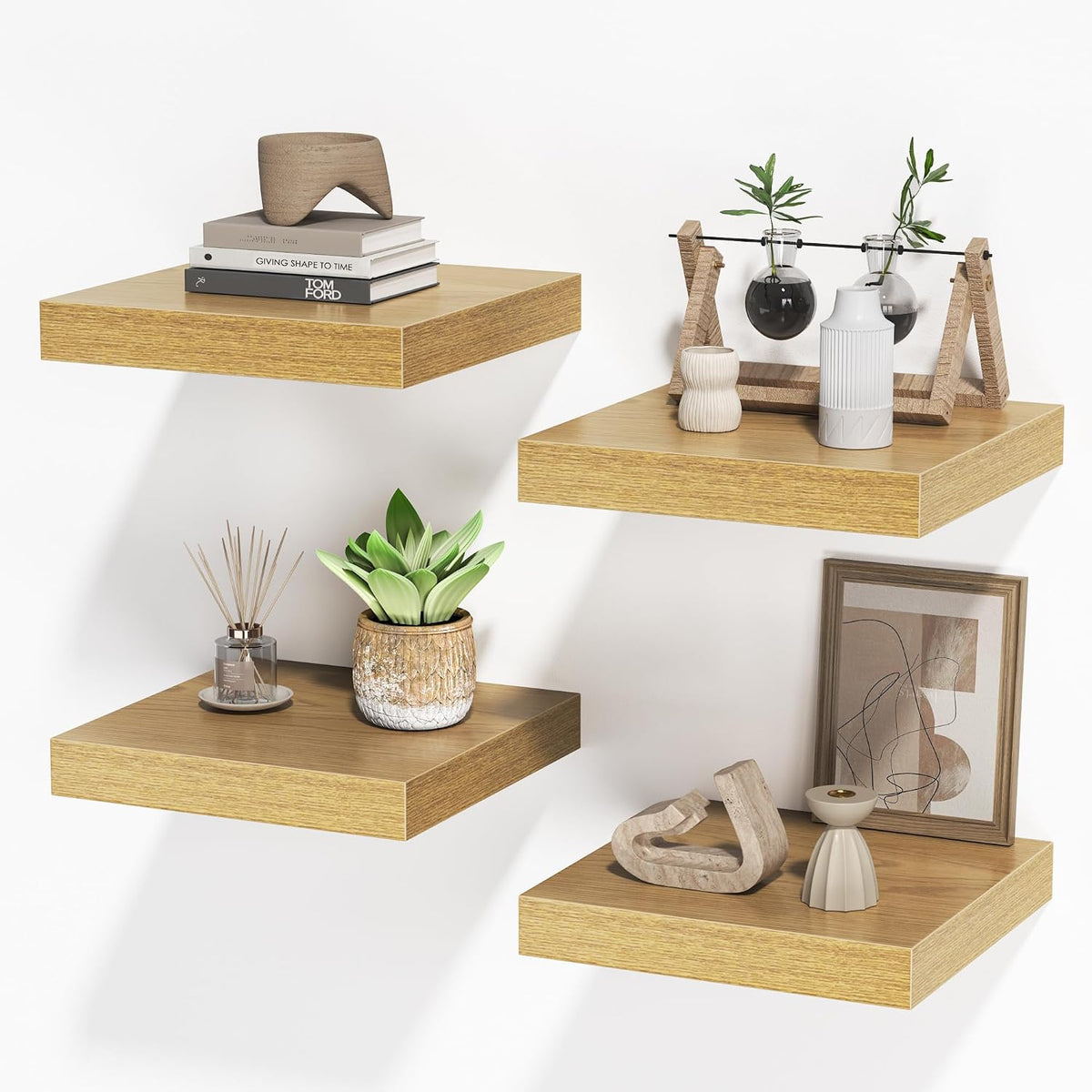 FLYJOE Square Floating Shelves for Wall, 10" W x 10" D x 1.4" H, Small Wooden Wall Mounted Display Shelves with Invisible Brackets for Living Room, Bedroom, Bathroom, Kitchen Decor, Set of 4, Oak