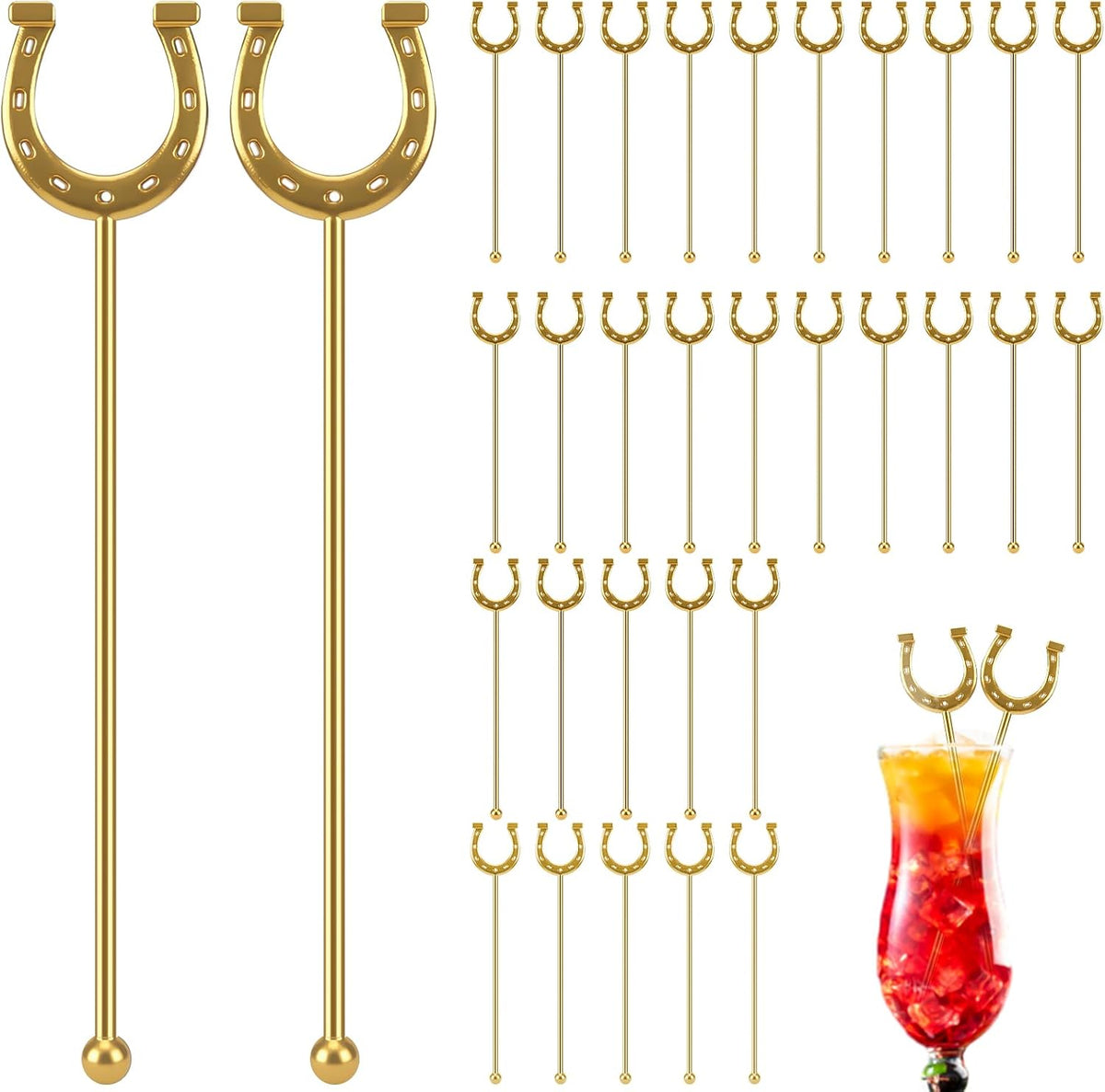 Horseshoe Drink Stirrers 6 Inch Plastic, Gold, 30 Pcs | Reusable U Shaped Swizzle Sticks for Cocktails Coffee, Party Bar Decorations for Derby Themed Weddings Events