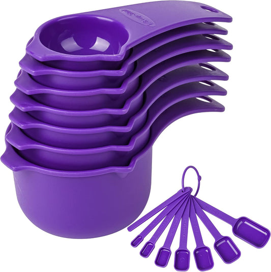 Plastic Measuring Cups and Spoons Set 15, 7 Dry&Liquid Measuring Cup Spoon Set, 7 Spice Long Handle Measuring Spoons with 1