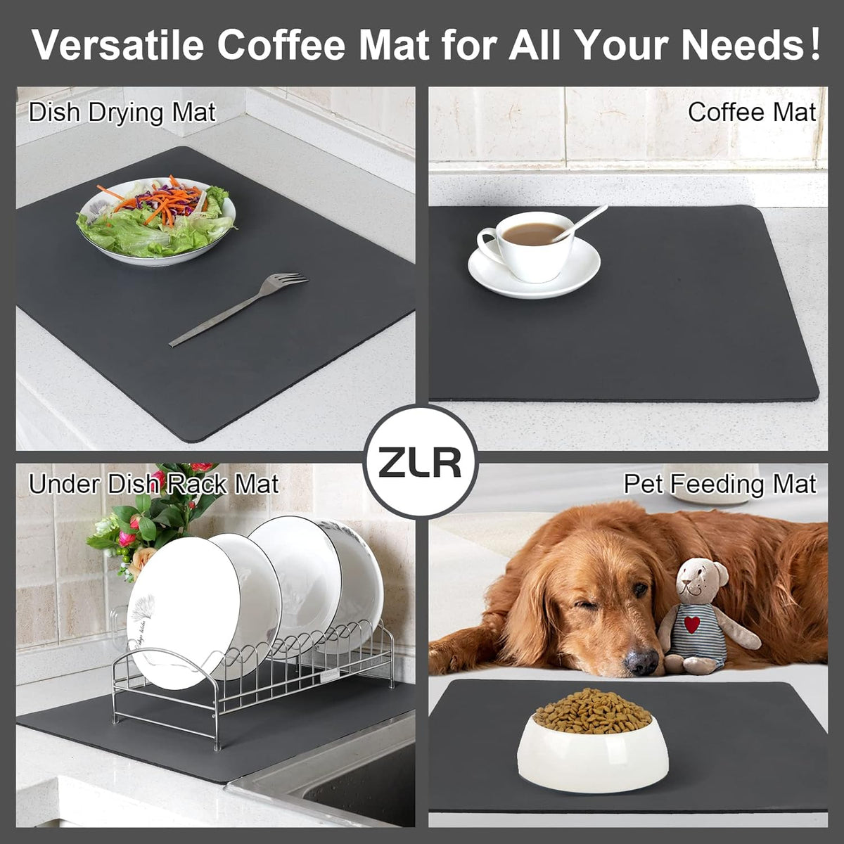 ZLR Coffee Mat - 16" x 24" Extra Large Kitchen Hide Stain Absorbent Dish Drying Mat for Countertop - Easy to Clean Coffee Bar Mat for Espresso Machine and Spill Protection - Dark Gray