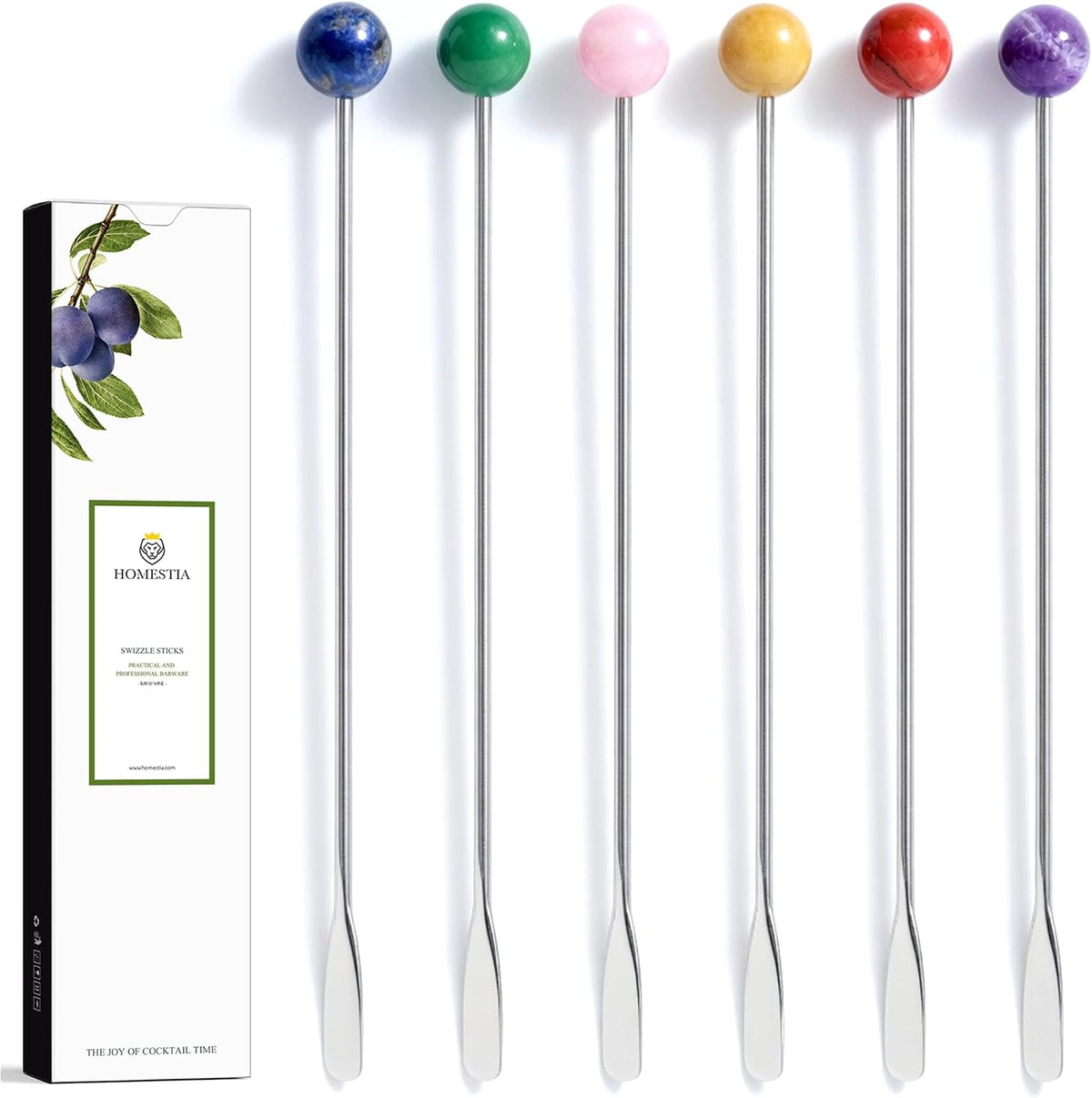 Homestia 6 Pcs 7.5'' Metal Stir Sticks, Colorful Gemstone Cocktail Stirrers | Reusable Stainless Steel Coffee Stirrer, Drink Swizzle Sticks, Natural Stone Decor Beverage Stir Stirring for Bars Home Use
