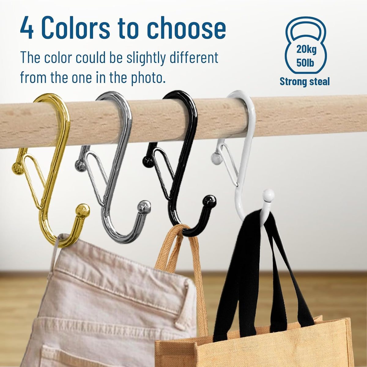 6 S-Shaped Hooks with Anti-Fall System. Anti Drop S-Shaped Hook with Safety Buckle to Prevent Falls. Heavy Duty. (Black, 4in Long (Diameter Rod<1.2in))