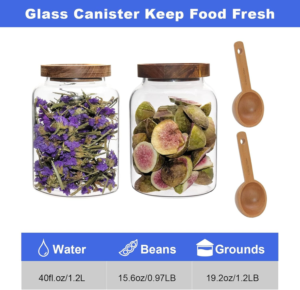 Vacuum Coffee Canister Glass Food Storage Jars With Airtight Lids Borosilicate Glass Coffee Canister Container for Coffee Beans & Grounds Tea Sugar Spices Kitchen (1200ml/40oz -2pack-with spoon)