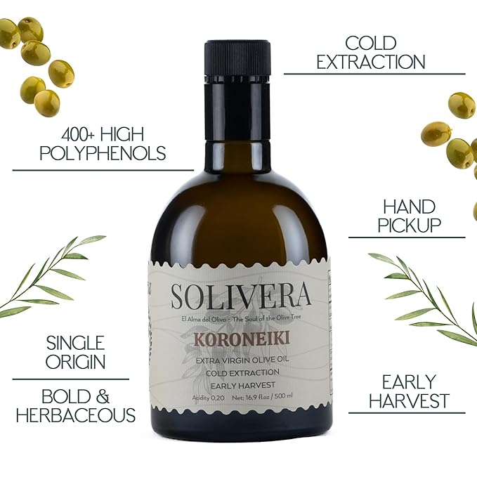 Solivera Koroneiki Extra Virgin Olive Oil Cold Pressed, 400+ High Polyphenols, Bold & Herbaceous, Single-Origin Hand Picked Organic Olive Oil, Healthy Gourmet Oil – 16.8 fl. oz. (Koroneiki)