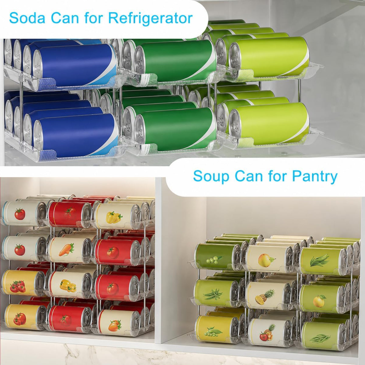Can Organizer For Pantry, Adjustable Height And Width Canned Goods Organizer, Roller Soup Can Organizer Holds Up to 36 Cans for Kitchen Cabinet or Refrigerator(CLear 3 Tier)