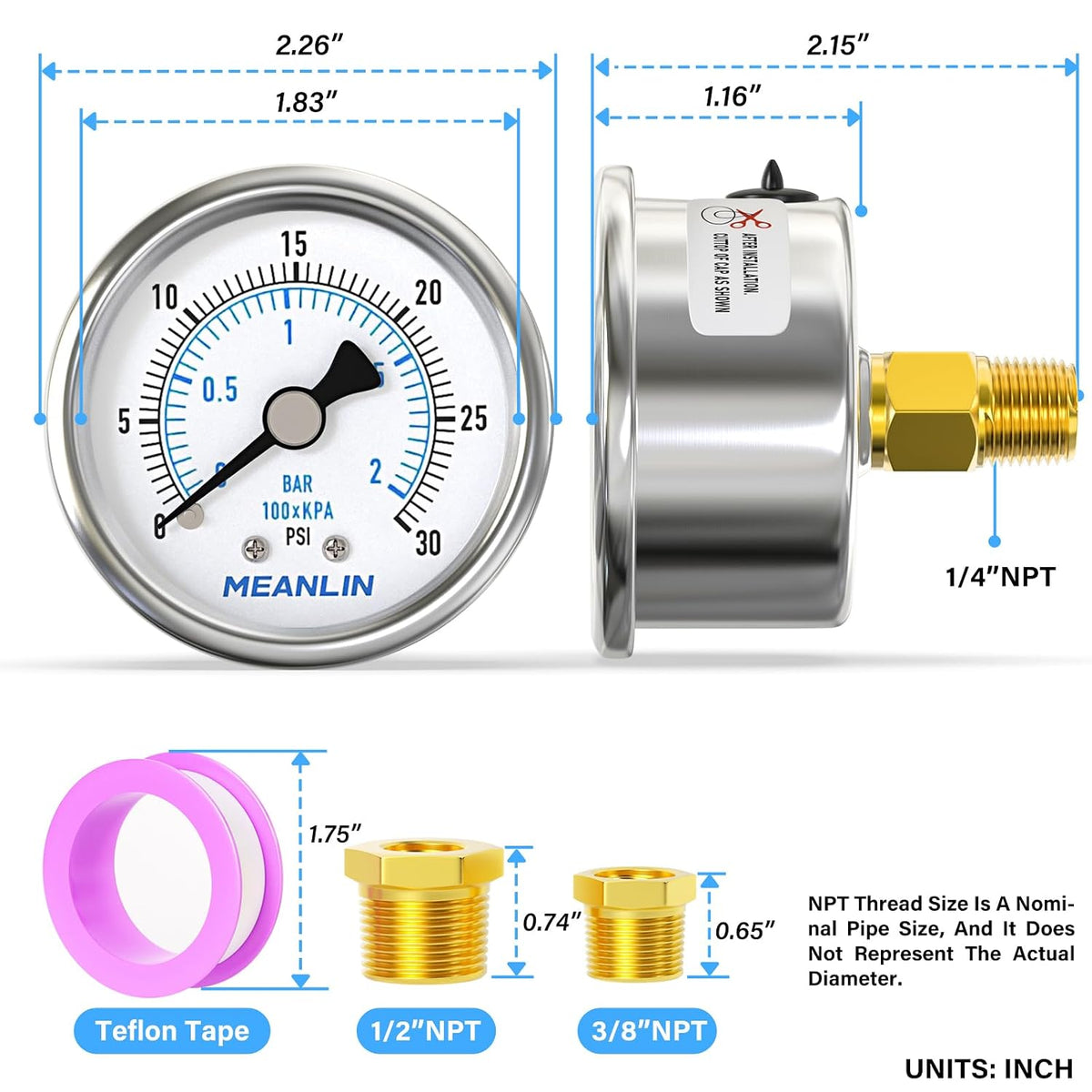 MEANLIN MEASURE 0~30Psi Dry Low Pressure Gauge Stainless Steel 1/4" NPT 2" FACE DIAL Waterproof for Pool Sand Filter Water Oil Air Pressure Test Back Mount, with 1/2" NPT and 3/8" NPT Hex Bushing
