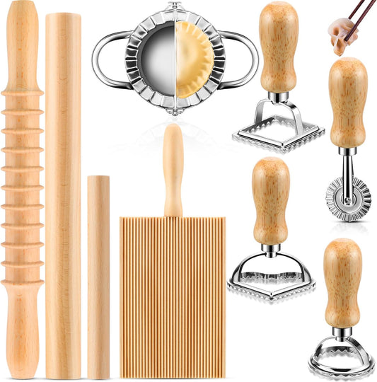 9 Pcs Gnocchi Pasta Making Tools kit - Gnocchi Board, Pasta Cutter, Ravioli Stamp, Wood Threaded Pasta Roller Pin Set,