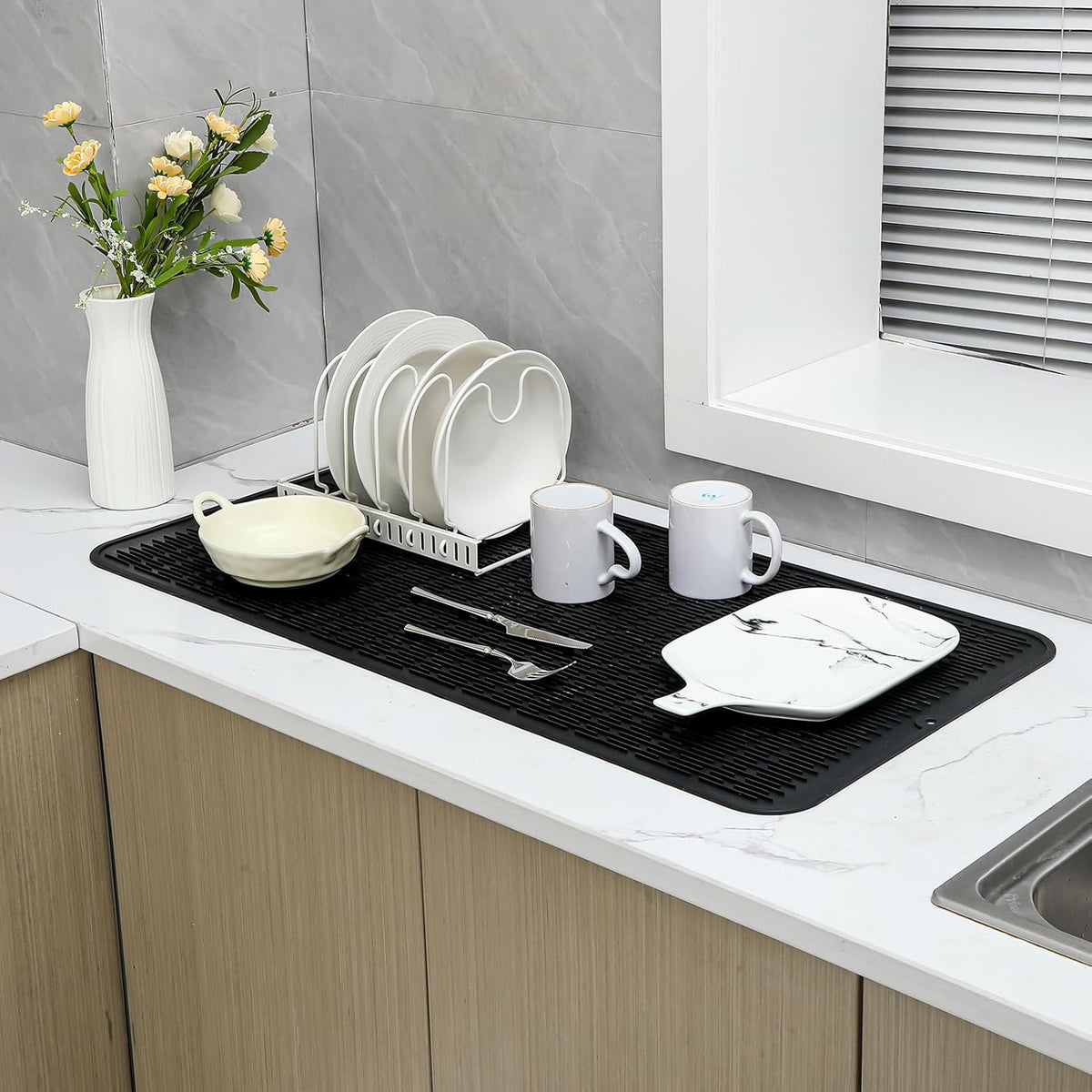 Silicone Dish Drying Mat for Multiple Usage,Easy clean,Eco-friendly,Heat-resistant Silicone Mat for Kitchen Counter or Sink,Refrigerator or Drawer Liner Black 5XL 36inches x 18inches