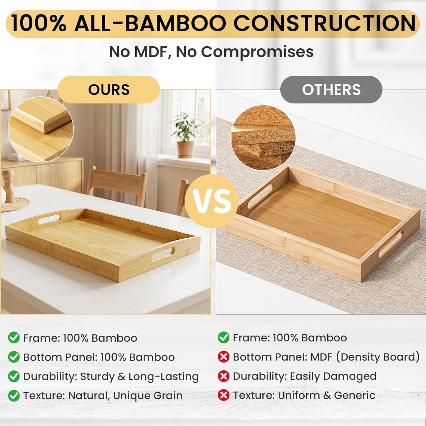 Bamboo Serving Tray Set of 2, Bamboo Trays with Handles | Decorative bamboo serving trays for serving, storage,kitchens, living rooms,bathrooms, outdoor dining 17" × 13" &amp; 16" × 12"