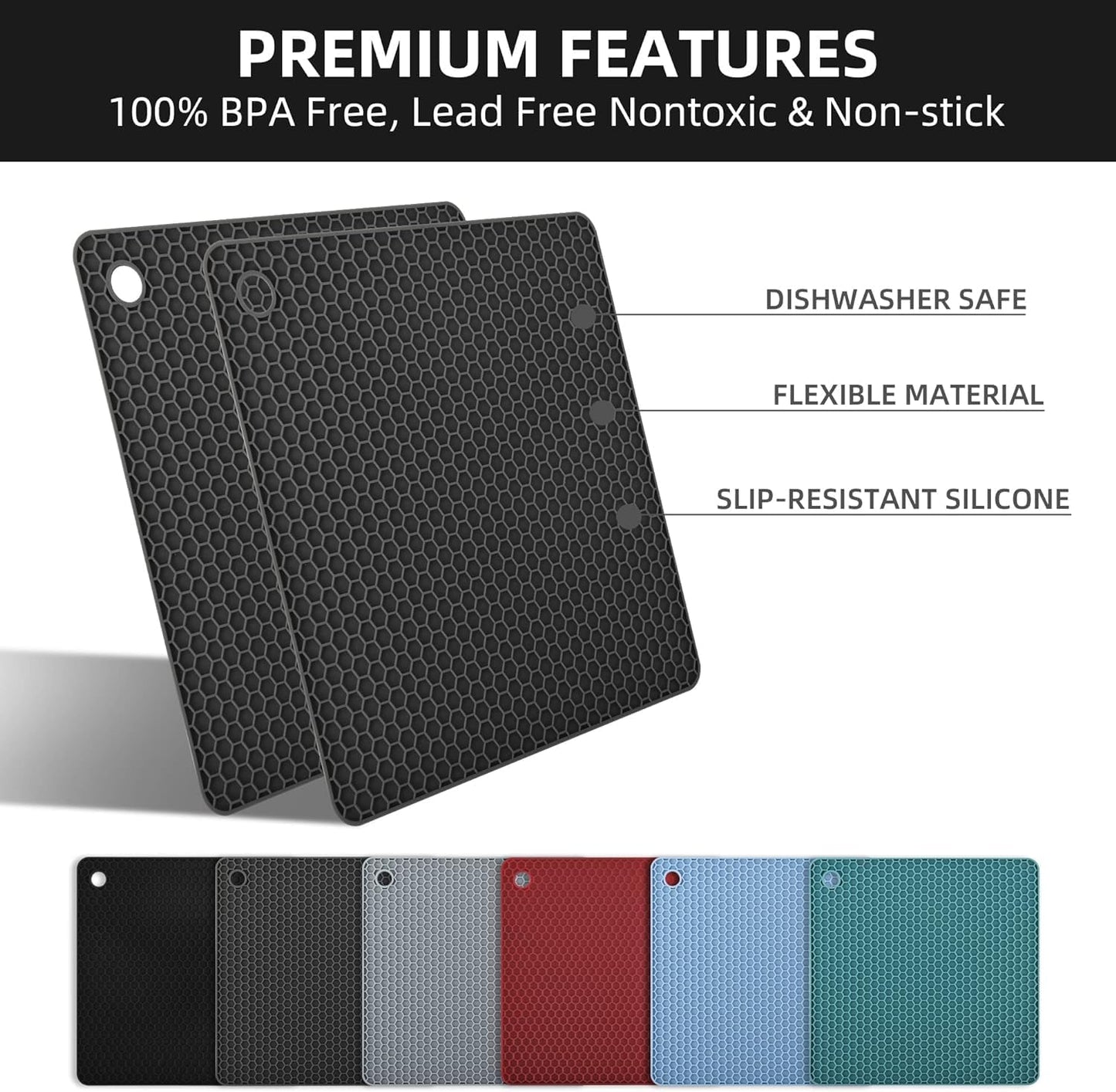 Silicone Trivets Mats, Silicone Hot Pads for Pot Holder, Square Trivets for Hot Dishes, Pots and Pans, Multipurpose Hot Pads for Kitchen Counter, Non Slip Heat Resistant Mats Set 4 Black